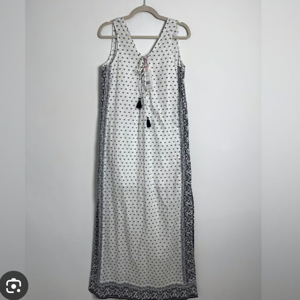 Vineyard Vines White Black Fan Border Print Beach Maxi Dress Women Size M
